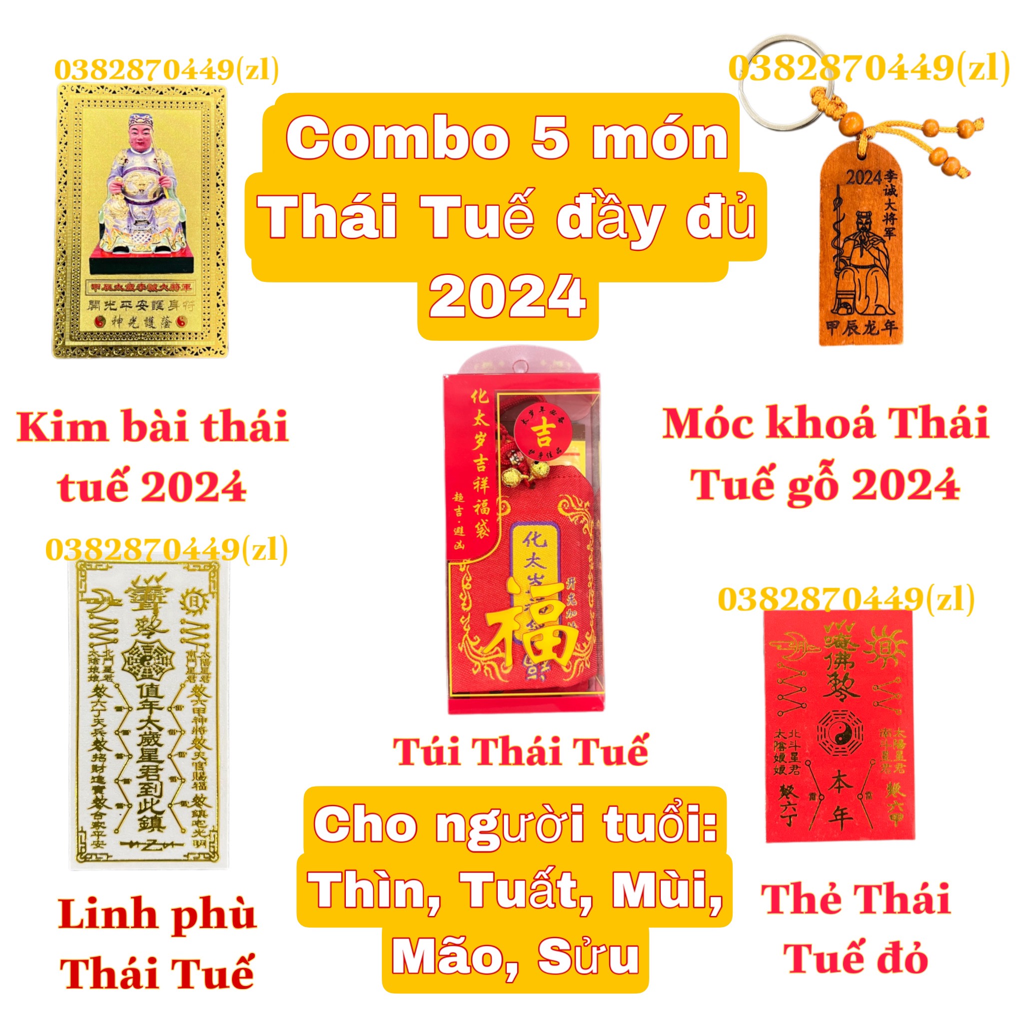Combo trọn bộ set 5 món thái tuế 2024: túi thái tuế-móc khóa-kim bài-linh phù-thẻ thái tuế đỏ