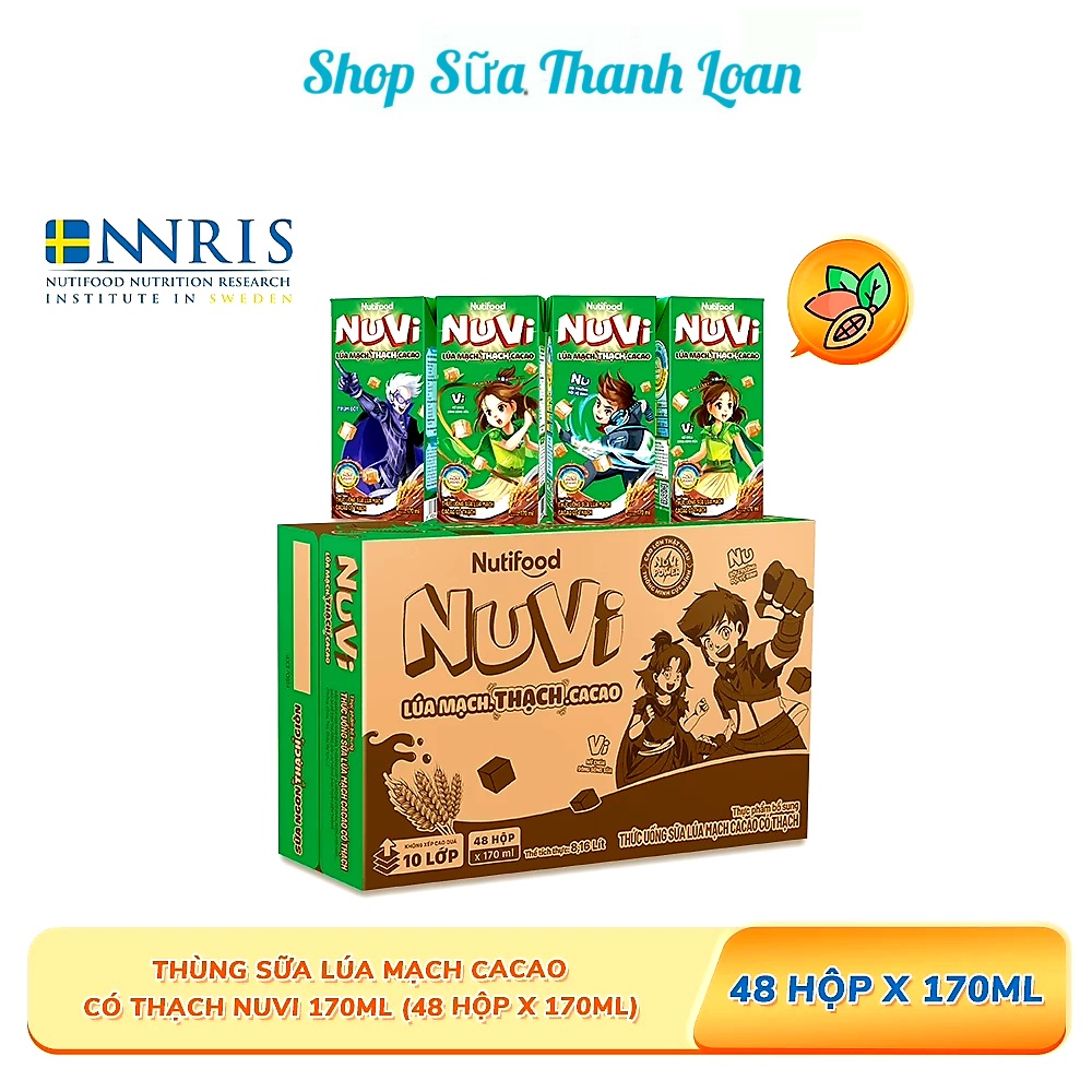 (HSD T1-2025) THÙNG 48 HỘP NUVI SỮA LÚA MẠCH THẠCH CACAO 170ML.