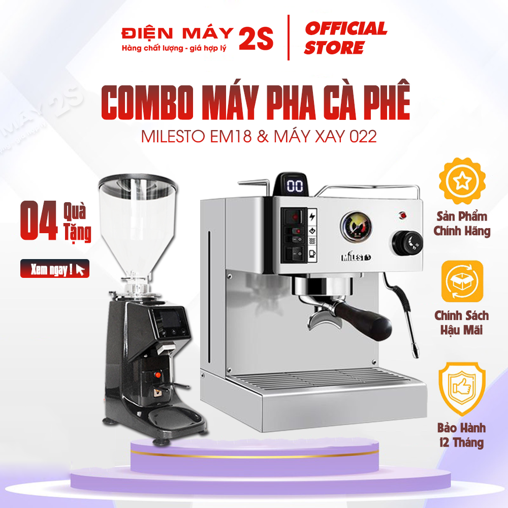 COMBO Máy pha cà phê Milesto EM18 và Máy xay cà phê tự động LingDong 022 - Sử dụng cho quán cà phê vừa và nhỏ - Bảo hành 12 tháng chính hãng