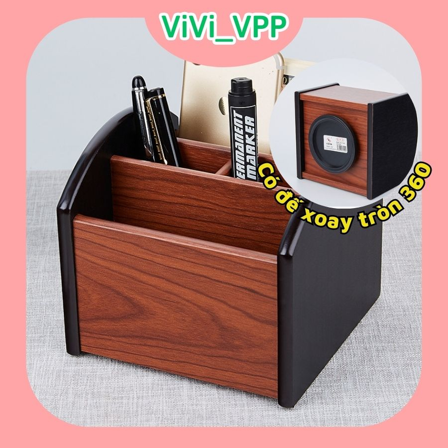 Cắm bút gỗ để bàn xoay 360 độ - Ống bút gỗ nhiều ngăn để bàn làm việc đẹp