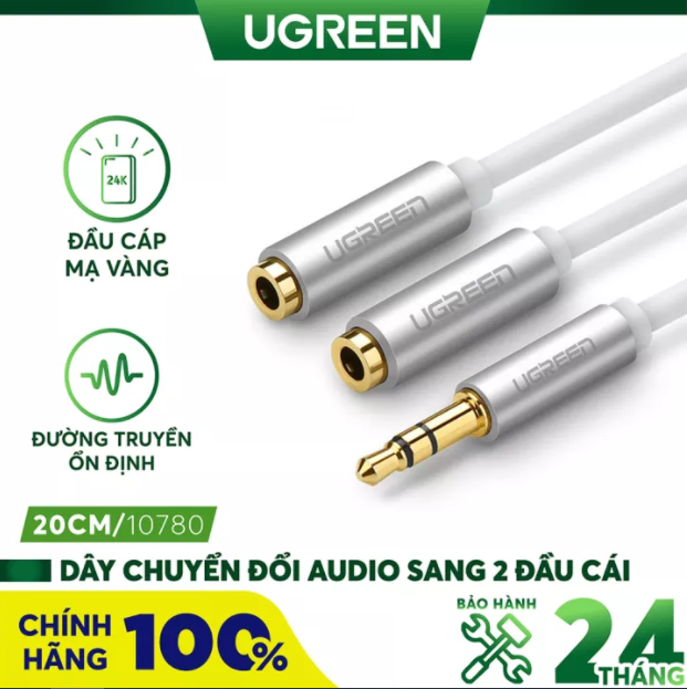 Cáp audio 3.5mm 1 ra 2 đầu mạ vàng chính hãng ugreen 10780 cao cấp