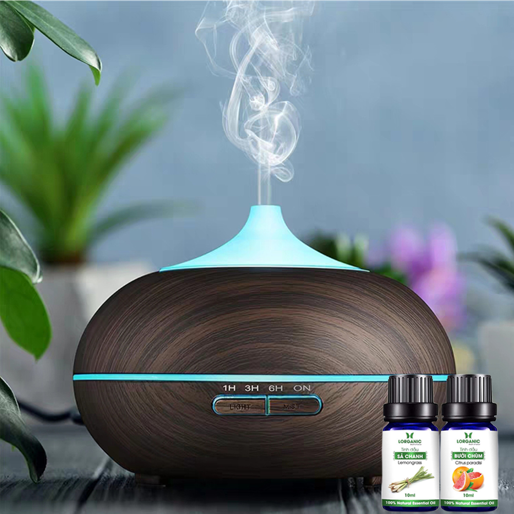 Combo máy khuếch tán tinh dầu bí ngô gỗ nâu Lorganic FX2027 +tinh dầu sả chanh + tinh dầu cam Lorganic