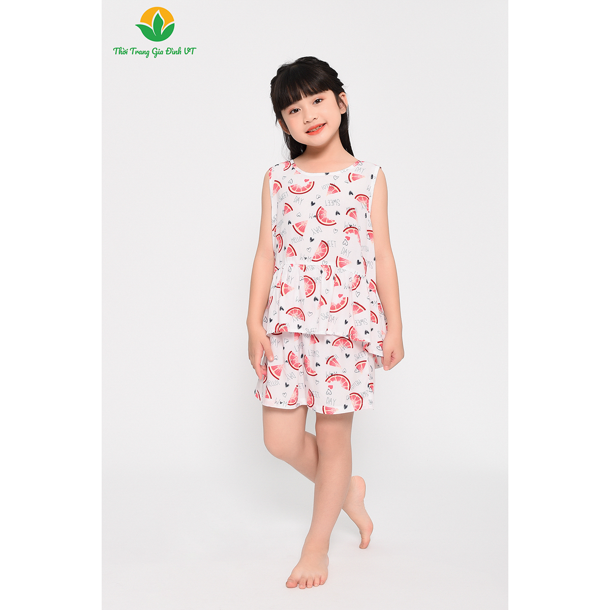 Bộ đồ  mặc nhà bé gái thời trang gia đình Việt Thắng mùa hè, quần lửng, áo cộc tay, chất lanh - B62.2304