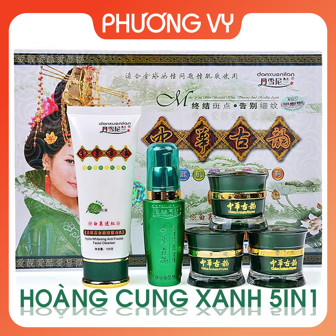 Bộ mỹ phẩm Hoàng Cung Xanh 5in1, chuyên làm mờ nám, tàn nhang và dưỡng trắng da, mỹ phẩm Hoàng Cung.