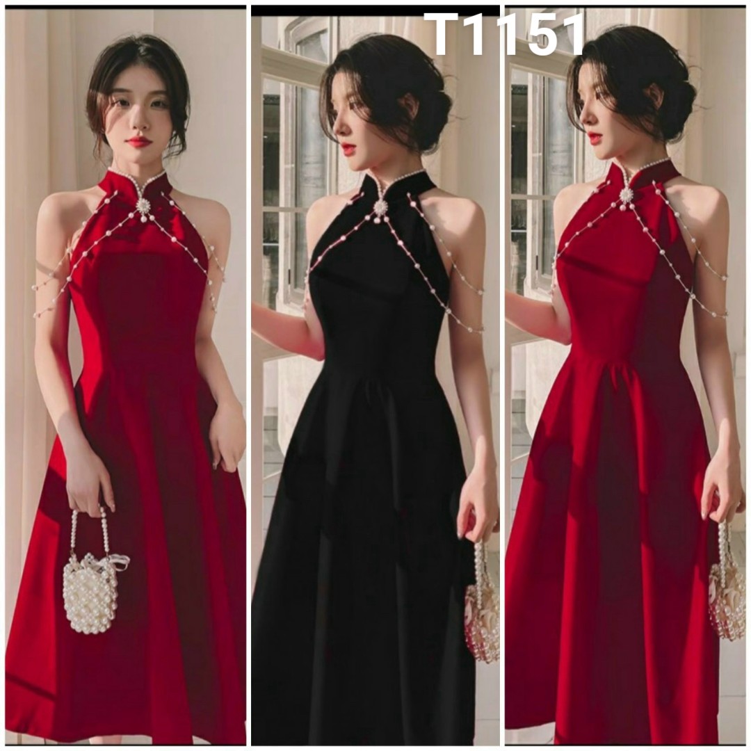Đầm cổ tàu kết cườm kèm phụ kiện cài cổ 2 màu y hình for phối cườm T1151