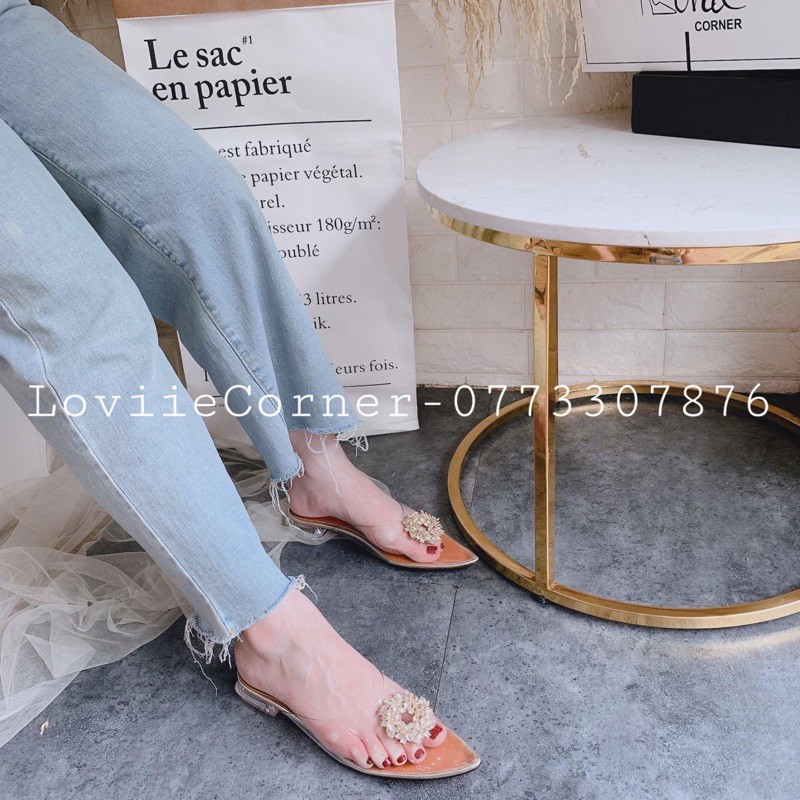 Lê sục nữ thời trang loviie corner - dép sục nữ đế bệt - dép nữ gót vuông - sục bệt nữ quai trong chất mica d191218