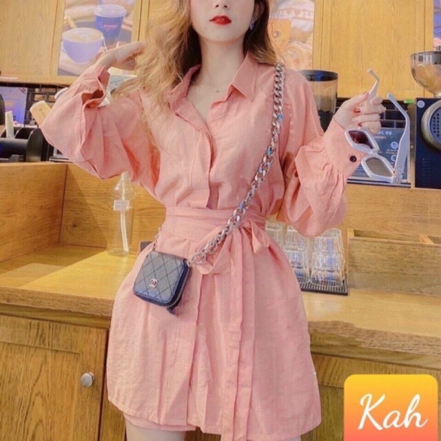 Set bộ hồng áo sơ mi form dài tay dài kèm quần ngắn phối thắt lưng