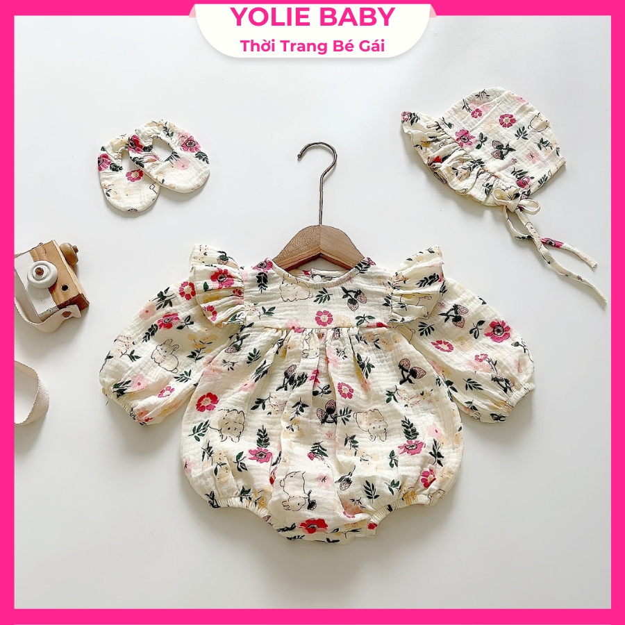 Body xô muslin dài tay tặng kèm nón xinh cho bé gái 3kg đến 12kg-B073