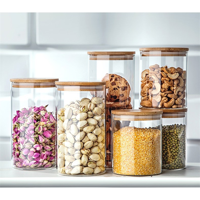 Hũ gia vị thủy tinh nắp gỗ phong cách Bắc Âu, Hũ đựng thực phẩm thủy tinh, hũ đựng bột đường, cà phê, đồ khô- kín khí. nắp gỗ tre