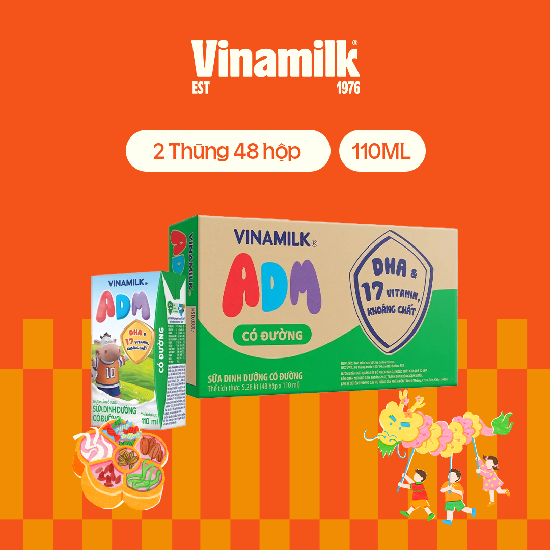 2 Thùng Sữa dinh dưỡng Vinamilk ADM Gold IQ Có đường Hộp 110ml - 48 hộp/Thùng