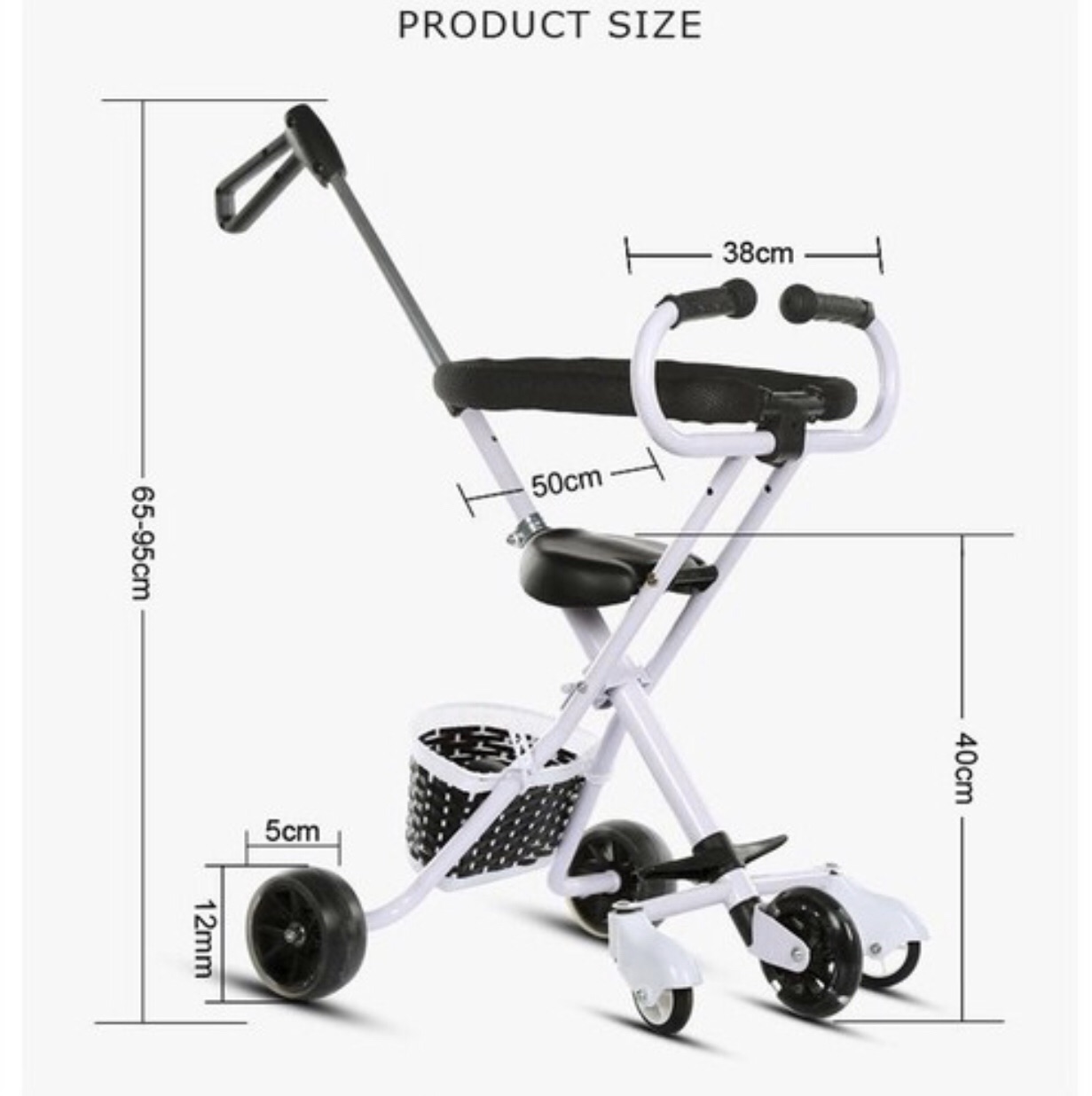 Xe đẩy 5 bánh gấp gọn, có giỏ, bánh xe phát sáng