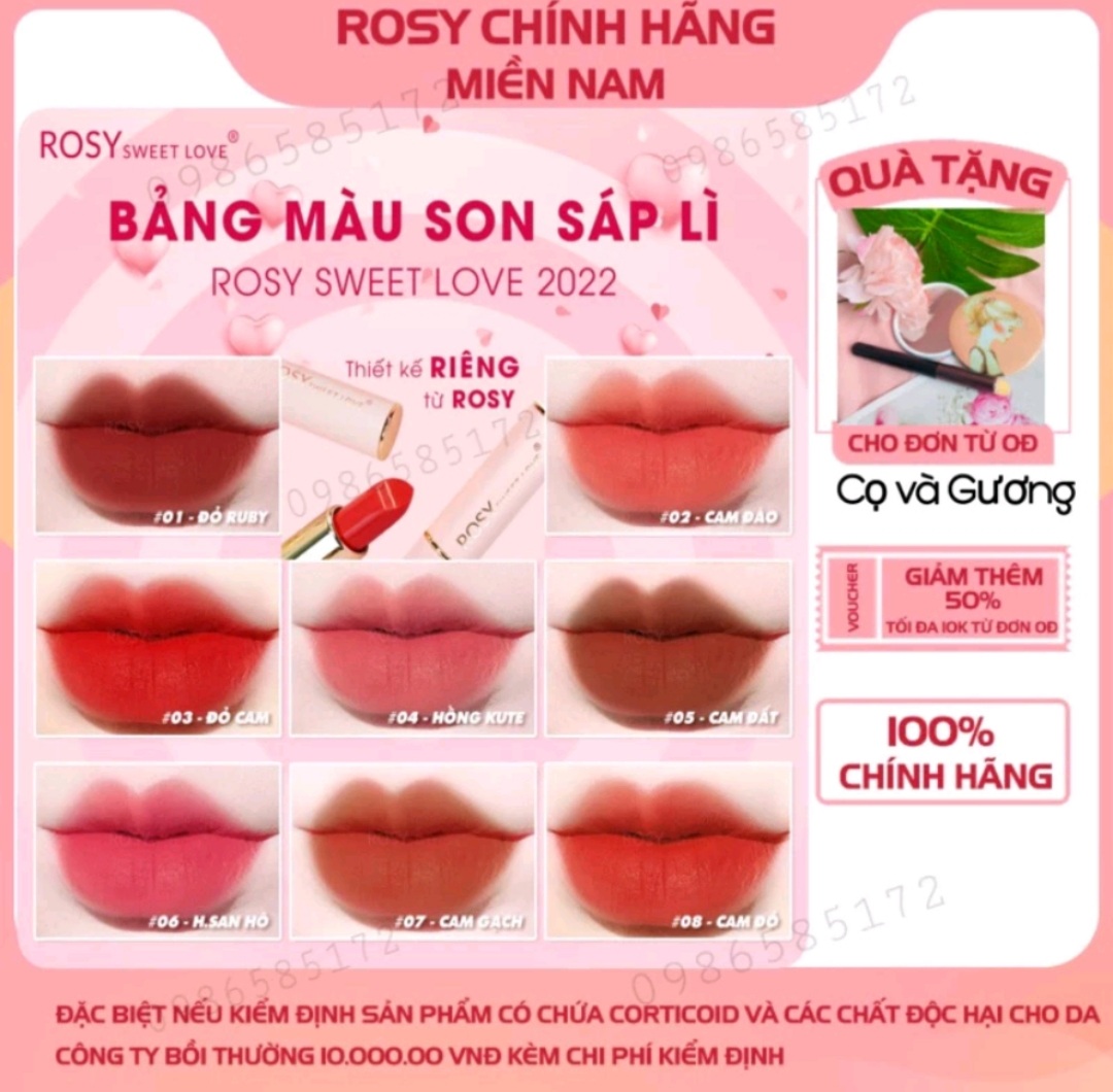 8 Màu Son Sáp Rosy,sweet love,Son Không Chì,Son Môi,son dưỡng môi,mềm mịn,mẹ bầu dùng được