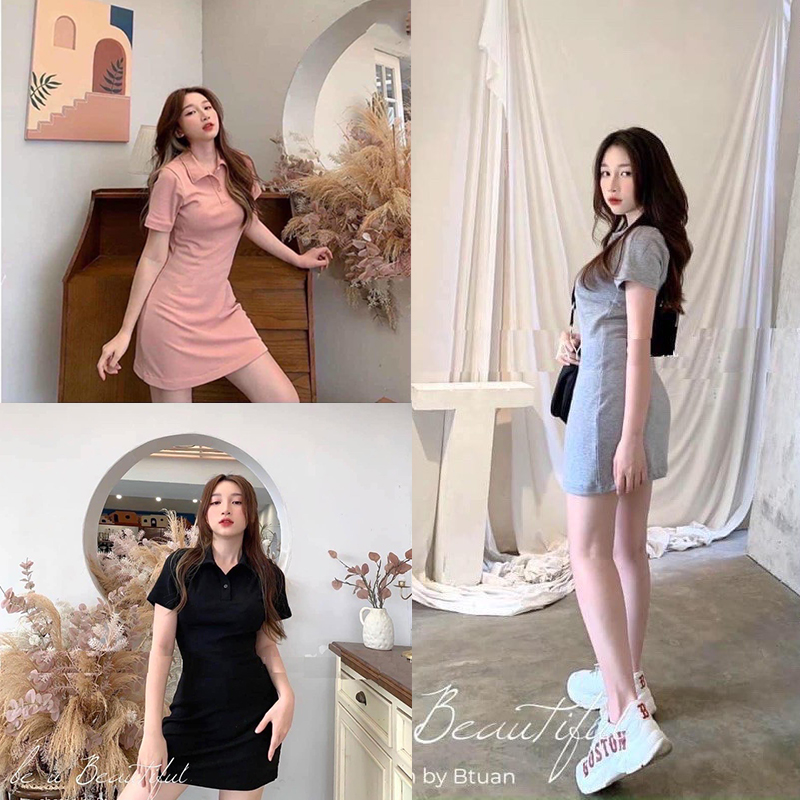 Đầm sơ mi váy thun trơn ngắn tay màu đen hồng xám SHY01