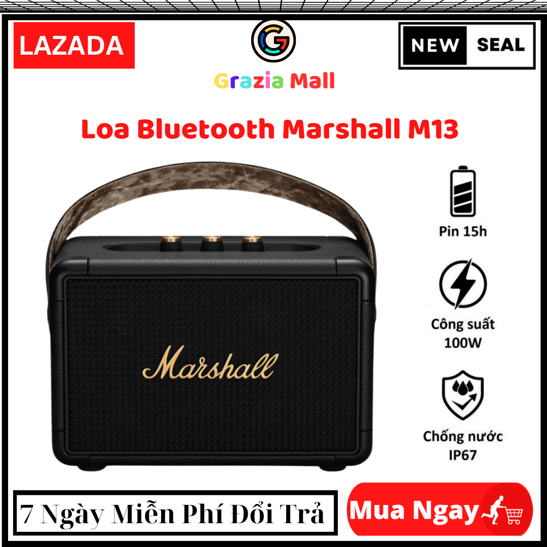 Loa Bluetooth Marshall M13, Loa MARSHALL KILBURN M13 Công Suất Lớn, Được trang bị công nghệ Bluetooth 5.0 aptX để phát nhạc không dây, pin trâu 15 giờ, chống nước IPX7
