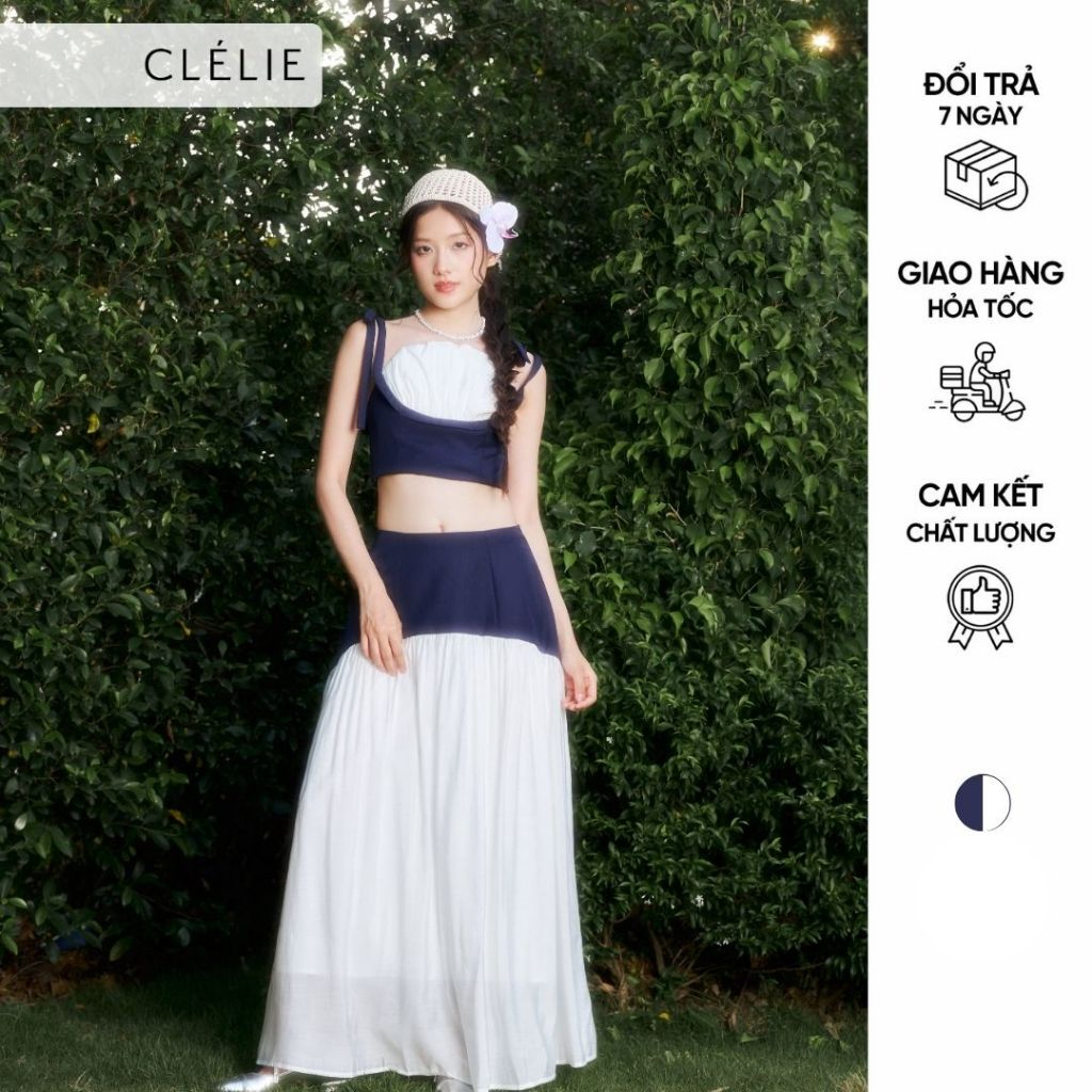 Set áo corset 2 dây cột nơ nhún bèo và chân váy tơ dài | joyce set - clélie
