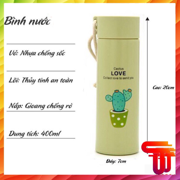 [Cơn sốt siêu rẻ] Bình Thủy Tinh Bọc Nhựa Lúa Mạch Xương Rồng Cactus Love 400ml - Bình chống vỡ, chống va đập