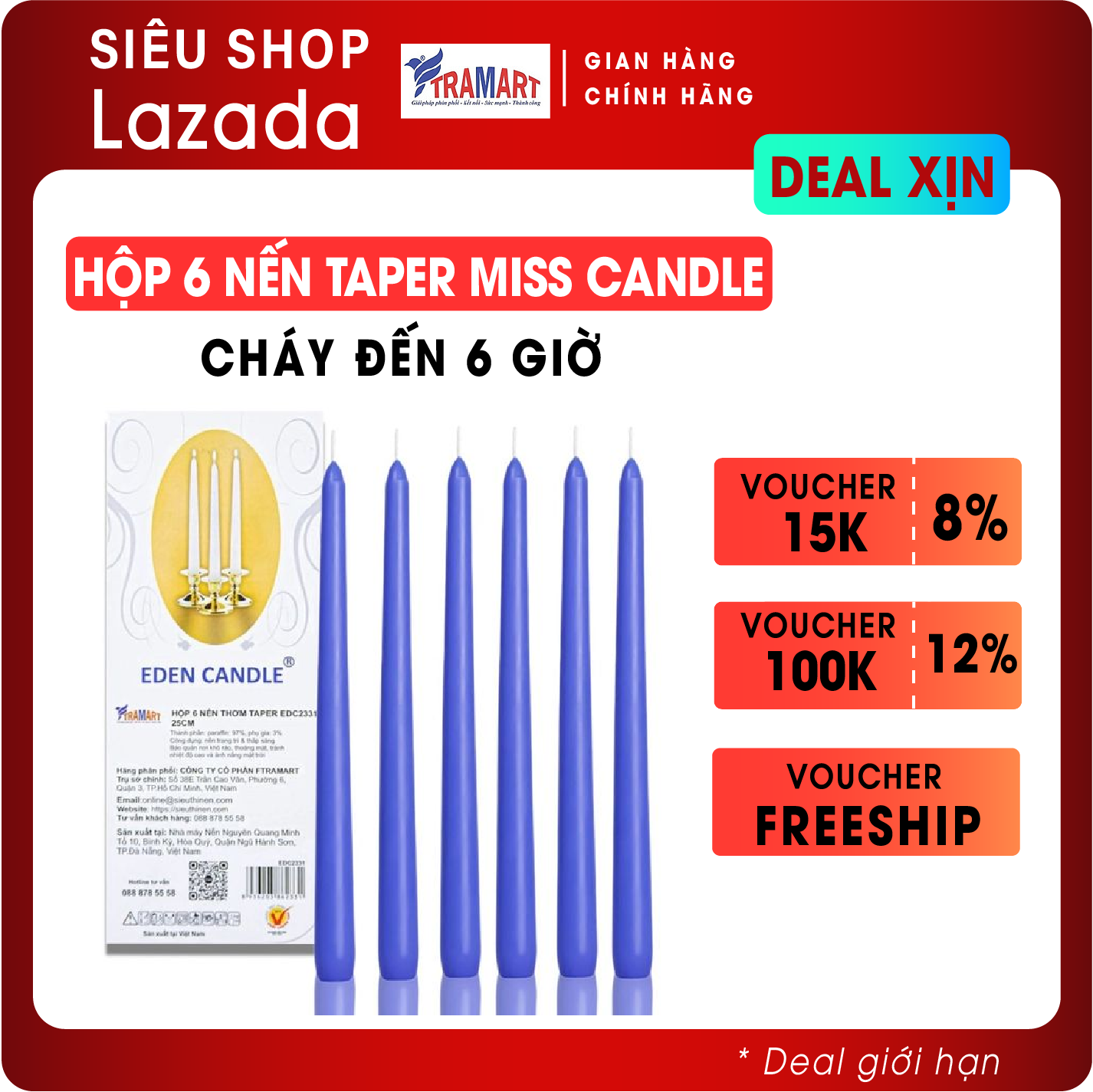 [Hộp 6 nến] Nến thơm taper Miss Candle FTRAMART EDC2331 (Xanh dương), cao 25 cm, phù hợp tất cả các chân nến theo tiêu chuẩn nến taper