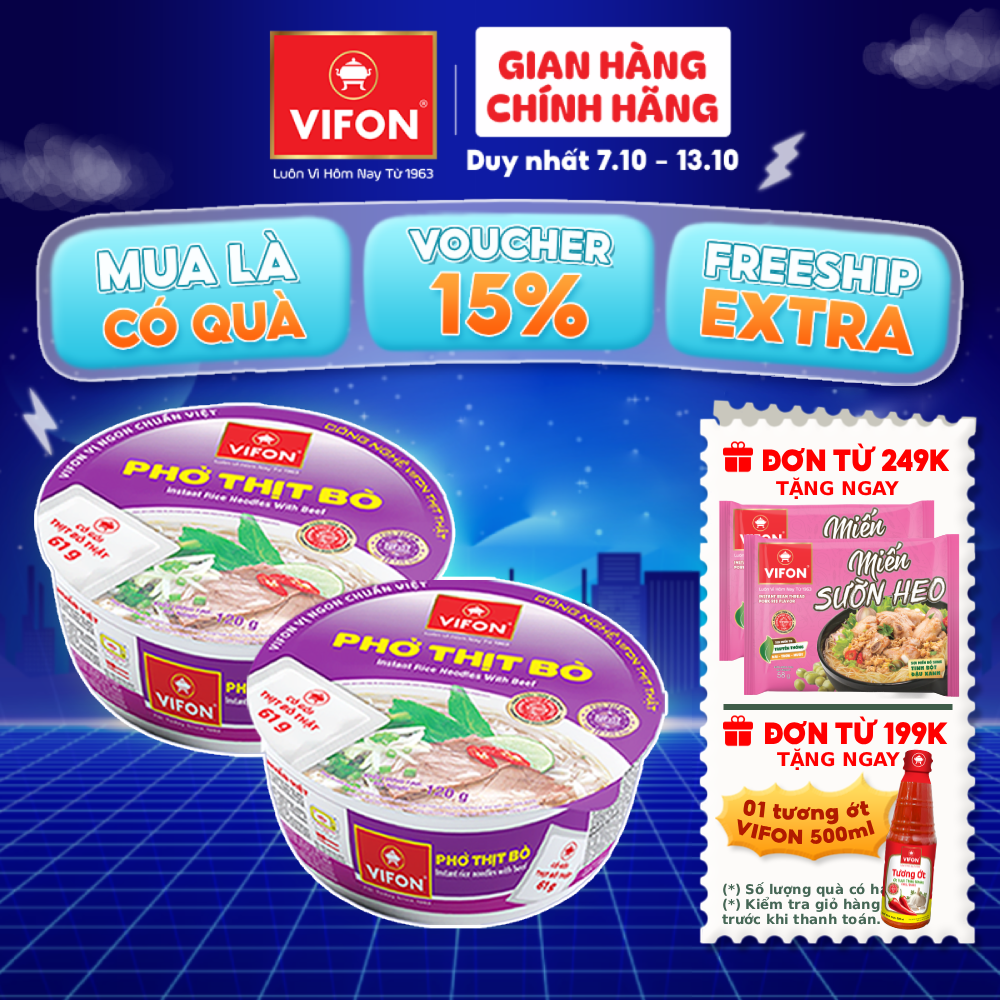 [VOUCHER 15%] Thùng 12 Tô Phở Thịt Bò/ thịt gà VIFON 120g / Tô