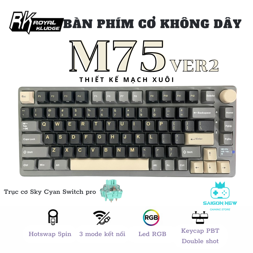 Bàn phím cơ không dây Hotswap RK ROYAL KLUDGE M75 - Thiết kế mạch xuôi - Keycap PBT double shot - Có