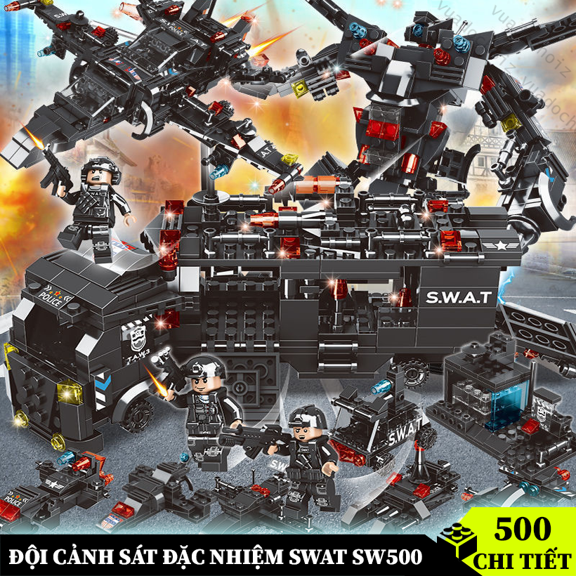 Bộ đồ chơi lắp ráp Cảnh sát biệt đội SW500 chi tiết kèm các nhân vật lính cảnh sát, lắp ráp mô hình xe oto chỉ huy / Robot / Máy Bay