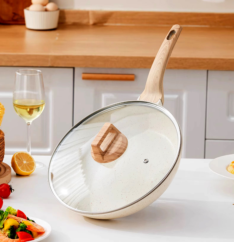 [DK-2023] Chảo Chống Dính Bếp Từ Vân Đá Có Nắp Vung Kính Núm Gỗ Cách Nhiệt, Chảo Đáy Từ Ceramic Màu Trắng Kem Sang Trọng, Cao Cấp