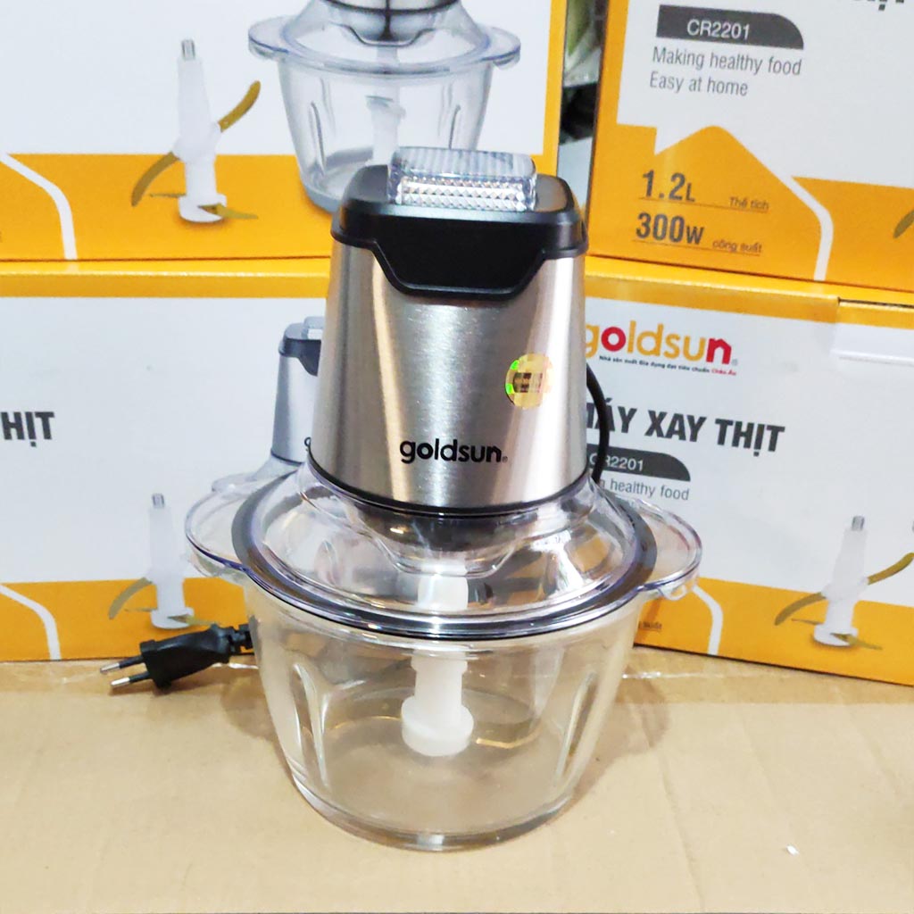 Máy xay thịt cối thủy tinh 2 lưỡi dao kép Goldsun dung tích 1.2 lít công suất 300W CR2201 bảo hành 12 tháng