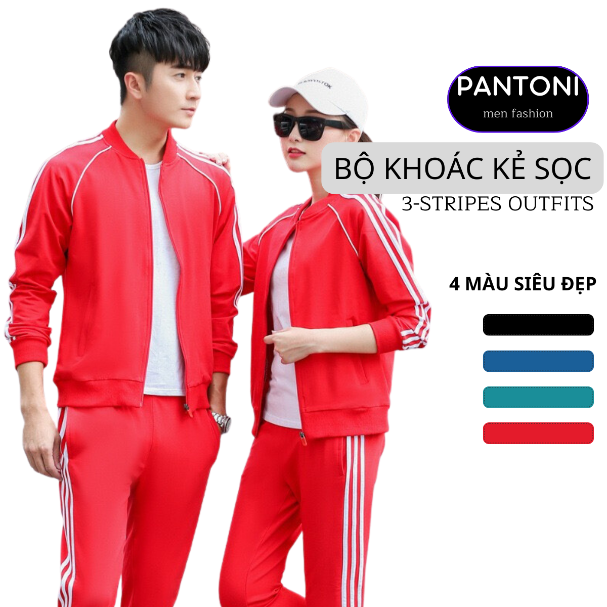 Bộ quần áo khoác nỉ nam Pantoni, Bộ thể thao thu đông cao cấp kẻ sọc có khóa kéo 3 màu (BTT3S)