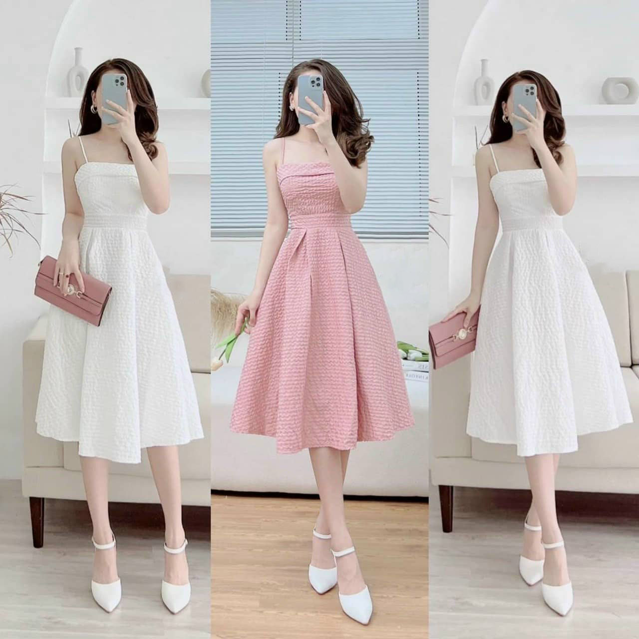 Đầm Nữ Dáng Xòe Kết Hợp 2 Dây Trơn Chất Liệu Xốp Gạo Dập Tinh Tế HARI