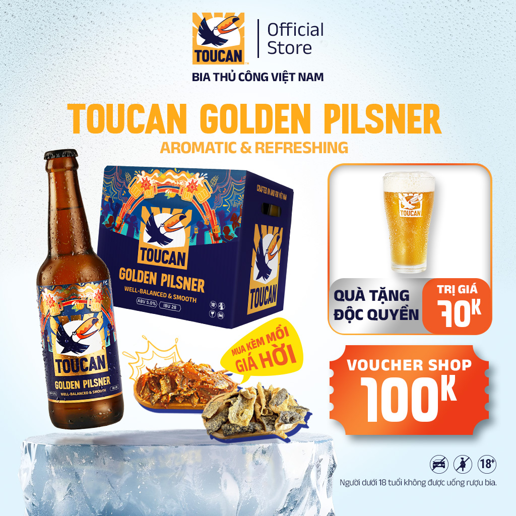Bia Thủ Công Toucan Golden Pilsner - Hương Hoa Bia Cơm Cháy & Mật Ong Thùng 12 Chai 330ml