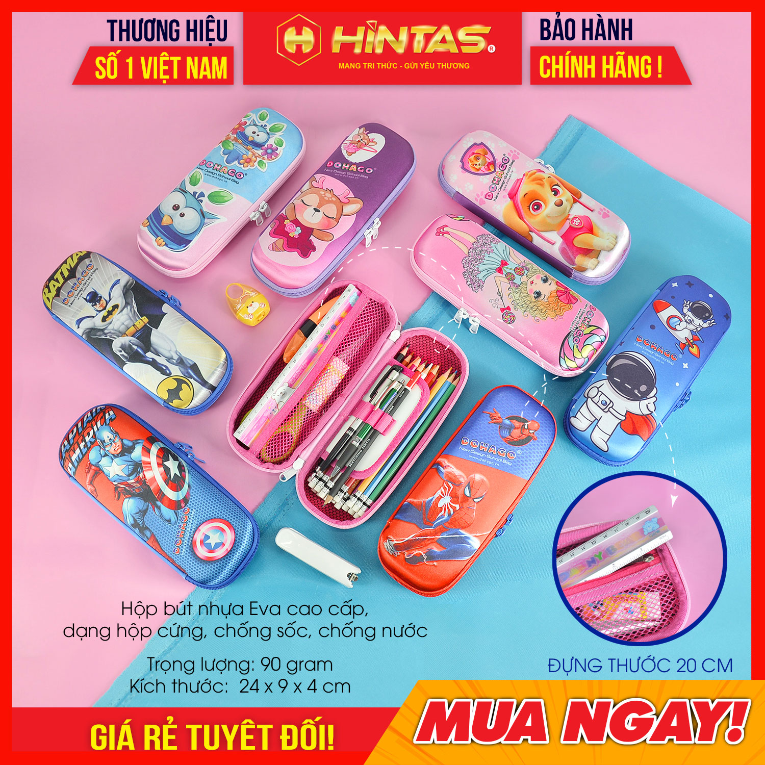 Bóp viết, hộp bút nhựa Eva HINTAS (TB 08) Size Trung, dạng hộp cứng chống sốc, chống nước mẫu cho bé trai và bé gái