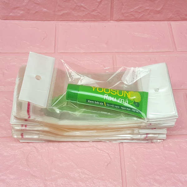 500g Túi Opp dán mép (Treo) 8x12cm (+ 4cm + 4cm) - Túi ni lông băng keo dán miệng - Bao nilon dán miệng