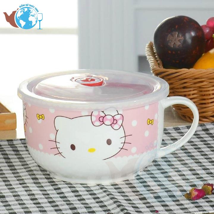 Tặng kèm muỗng \Ly sứ ăn mì có quai có nắp đậy chân không in hình ngẫu nhiên