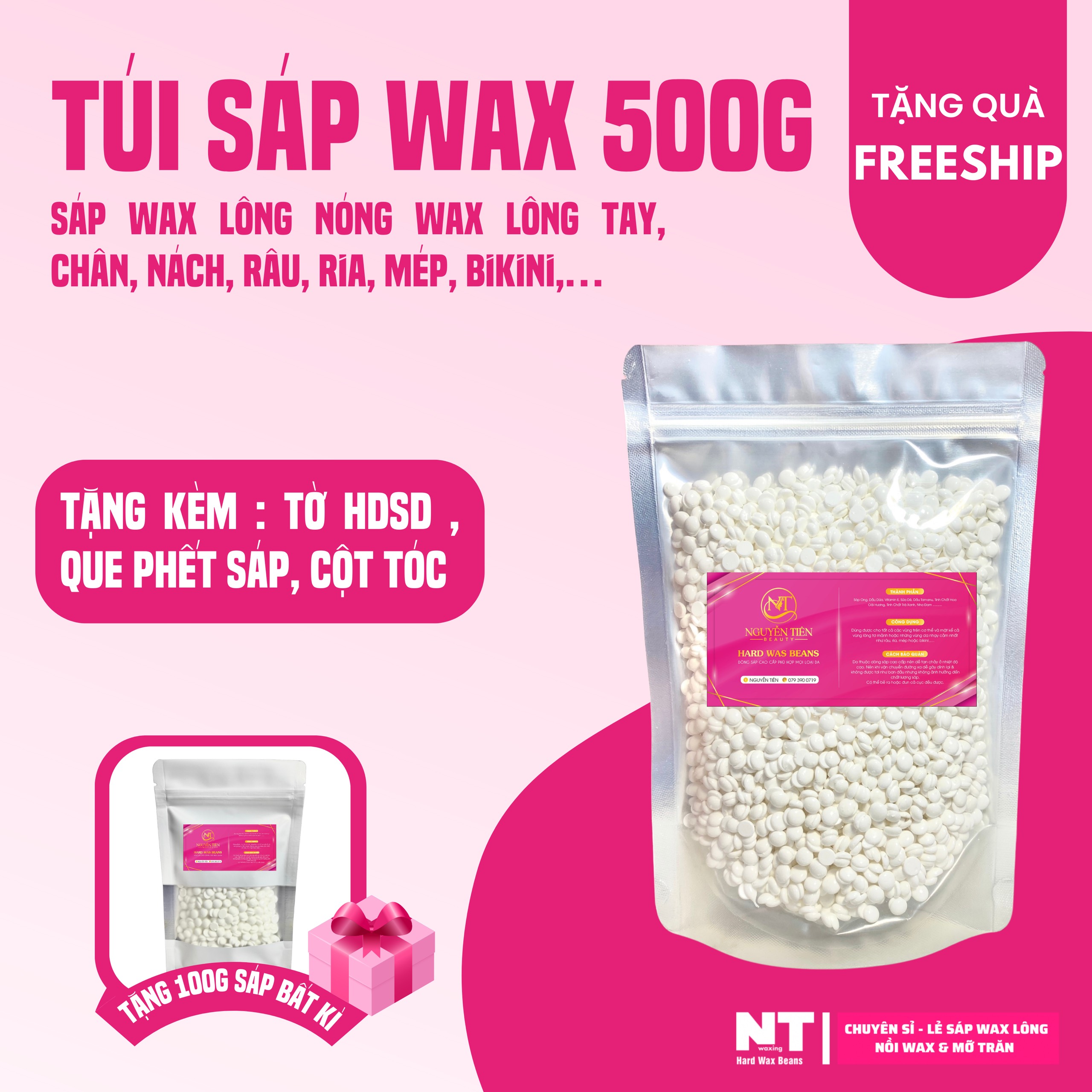 Túi 500g sáp wax lông cao cấp nhập khẩu hard wax beans, tẩy lông nách, tay, chân, bikini, râu......