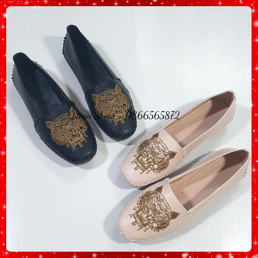 giày lười nữ, giày búp bê nữ thêu mặt hổ da mềm đế cao su đúc khâu viền đế