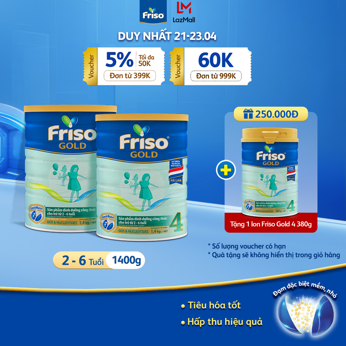 [21- 23/4 VOUCHER ĐẾN 1 TRIỆU] [Tặng 1 Lon Sữa Bột Friso Gold 4 380G] Bộ 2 lon sữa Bột Friso Gold 4 lon thiếc 1.4KG-cho trẻ từ 2-6 tuổi