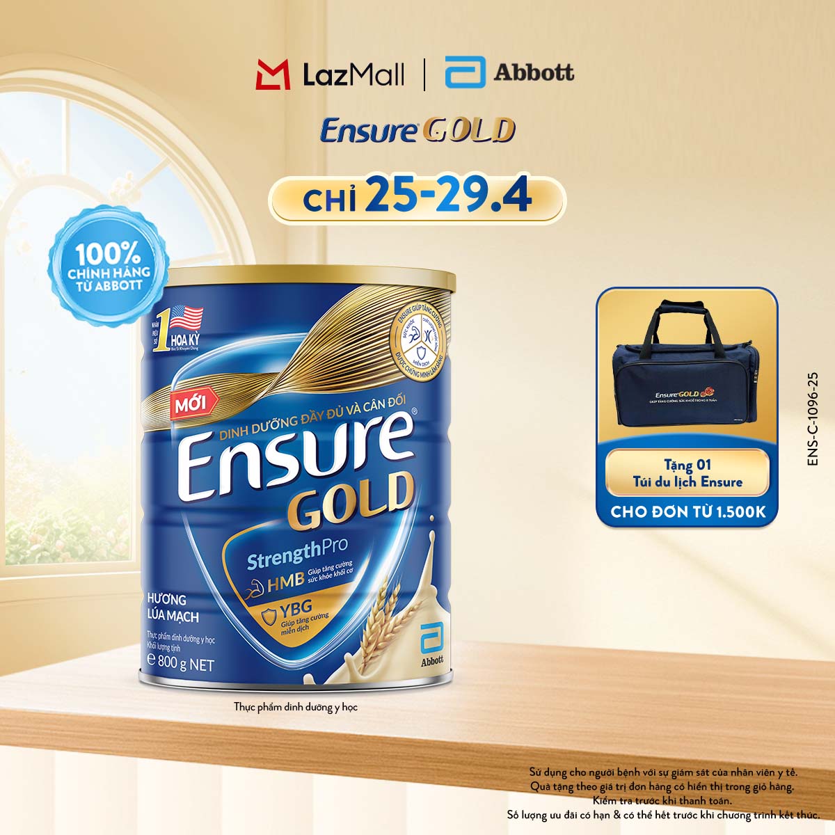 [CHỈ 25-29.04 QUÀ TẶNG CHO ĐH 1500K-SLCH] Lon sữa bột Ensure Gold hương lúa mạch 800g