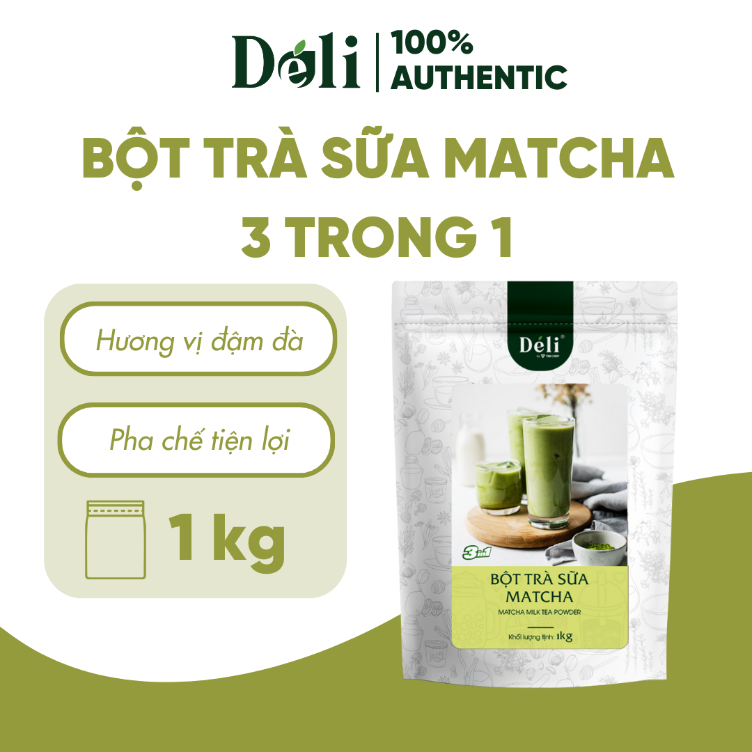 Bột trà sữa matcha 3in1 Déli - 1kg ( 25 ly ) pha chế trà sữa tiện lợi, nhanh chóng