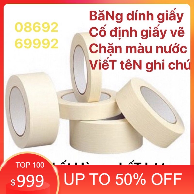 Băng dính giấy băng keo giấy com bo 5cuộn khổ 5cm 2cm 1cm x 10m