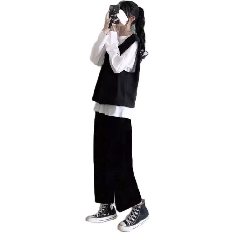 Set 3 món quần áo nữ GILE + áo xuông dài tay + quần ống rộng - Shop Thời trang Hàn Quốc