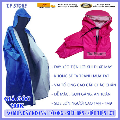Áo Mưa Dây Kéo Vải Da Cá - Không Sẻ Tà - Hàng Cao Cấp - Loại Dày Nhẹ - Có Nút Gài Phụ - Đồ Đi Mưa Vải Tổ Ong Siêu Bên Siêu Tiện Lợi