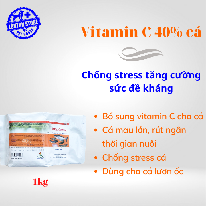 VEMEDIM Vitamin C 40% cá, chống stress và tăng cường đề kháng cho cá, lươn, ốc bươu, gói 1kg, Lonton shop& Vemedim