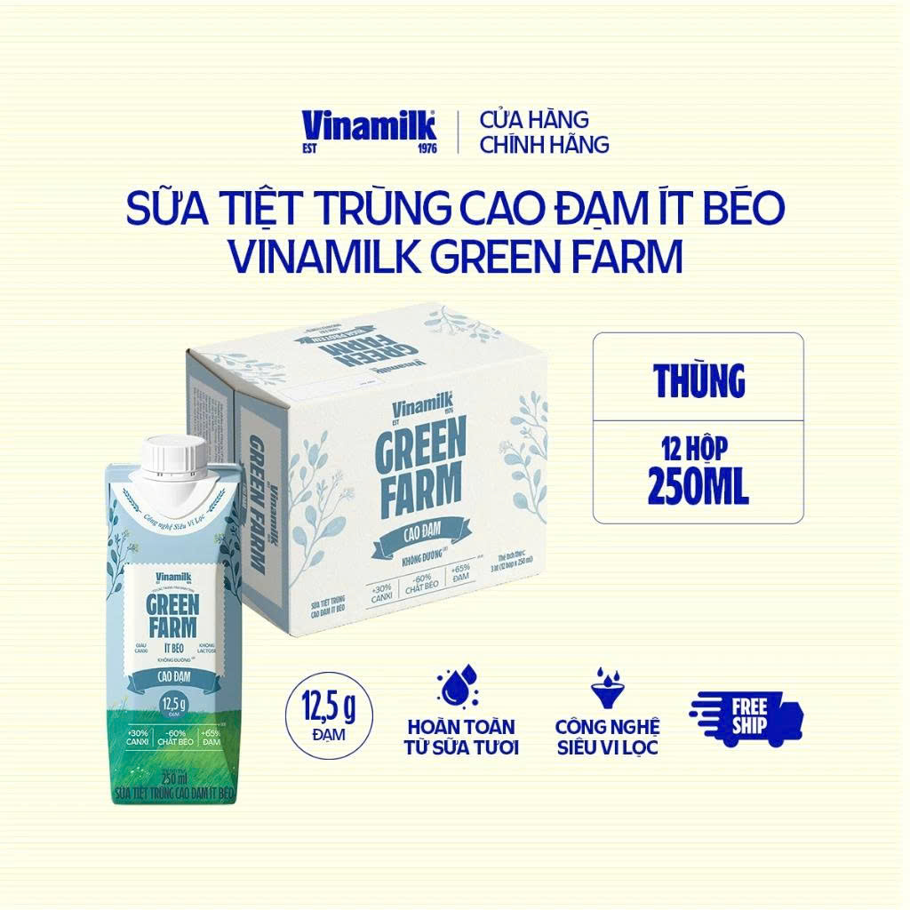 Thùng 12 Hộp Sữa Tươi Tiệt Trùng Cao Đạm Vinamilk Green Farm Không Đường, Ít Béo, Không Lactose Thơm Ngon Dịu Mát - Hộp Giấy 250ml