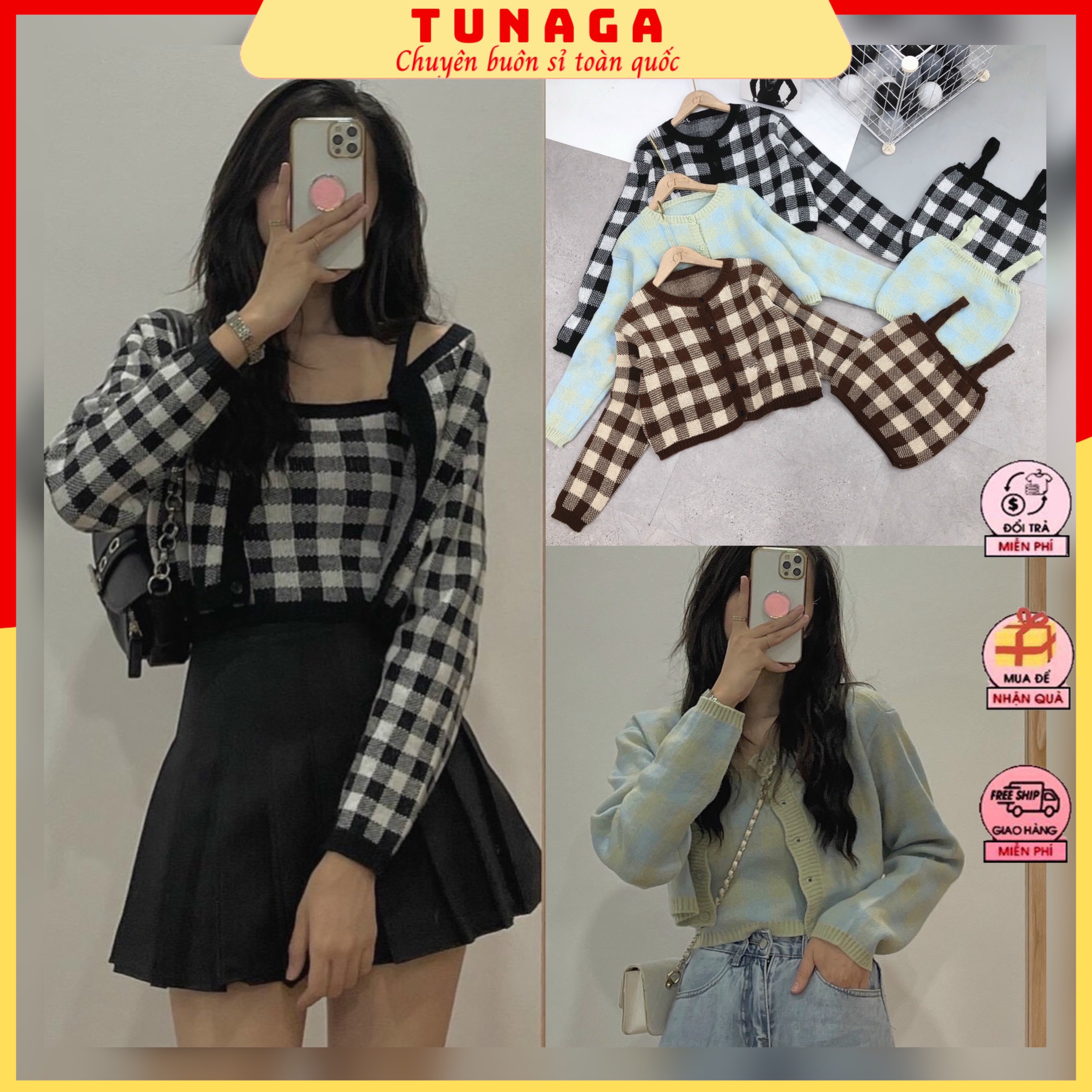 Set áo carigan len nữ kẻ ô- áo len croptop nữ 2 chi tiết