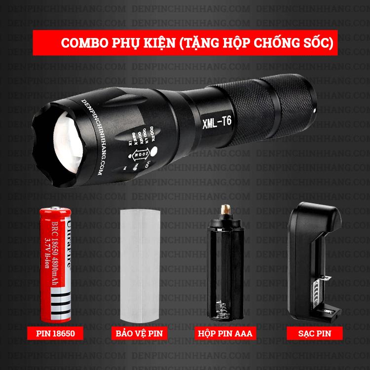 Đèn pin XML T6 siêu sáng – Đèn pin Quân dụng sạc bin chống nước full phụ kiện