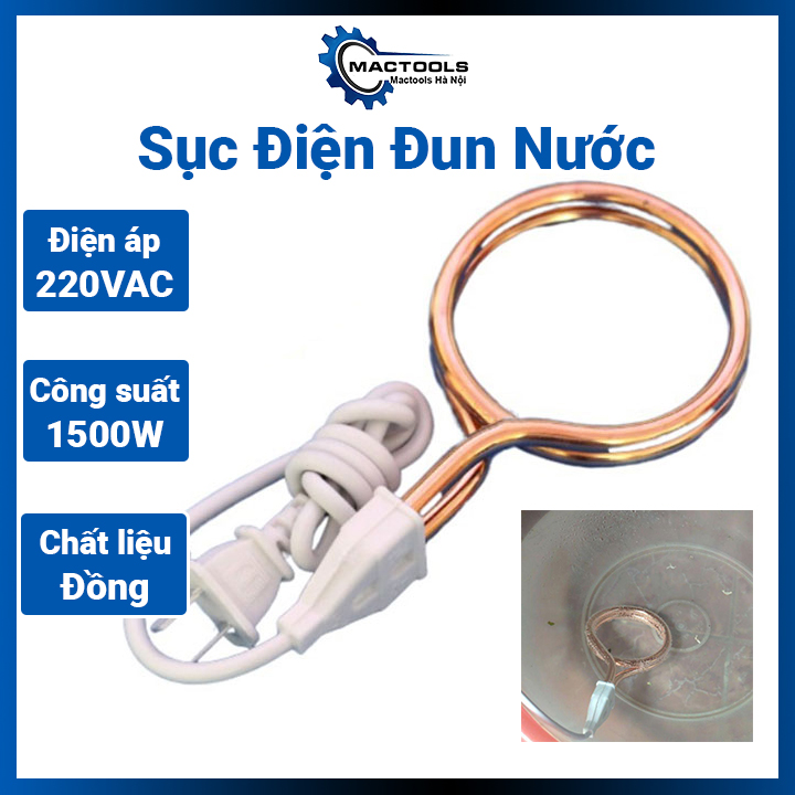 Sục điện đồng công suất 1500W điện 220VAC, dây điện trở nấu nước sôi, nước tắm sinh viên rất tiện lợi