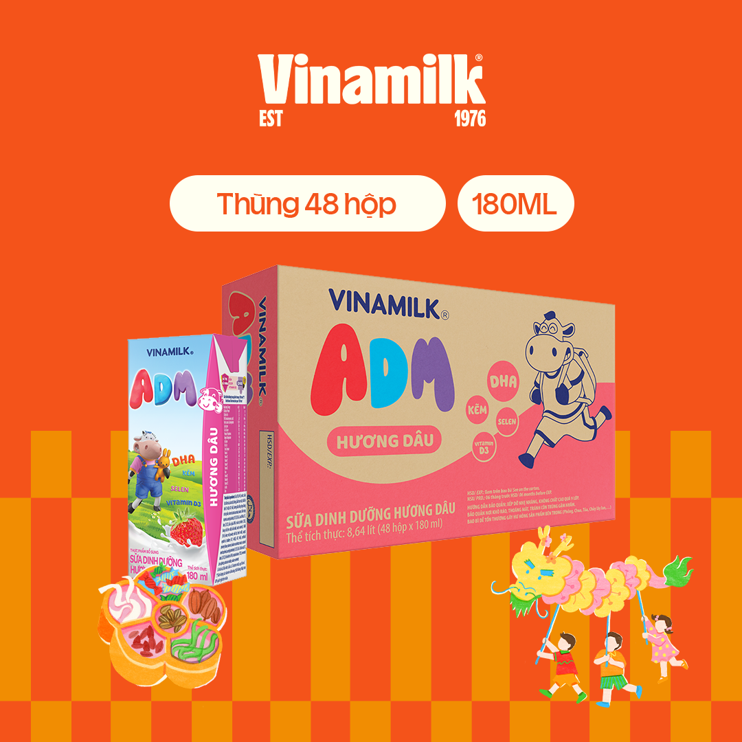 Thùng 48 Hộp sữa tiệt trùng Vinamilk ADM Gold IQ Hương dâu 180ml