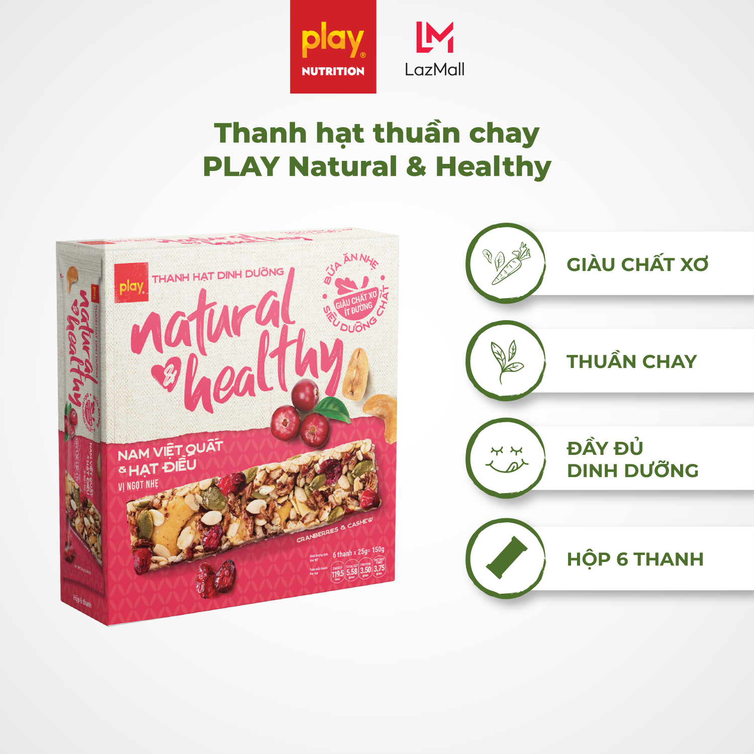 Hộp 6 thanh hạt thuần chay PLAY Natural & Healthy - Bánh hạt dinh dưỡng, bánh ăn kiêng giảm cân