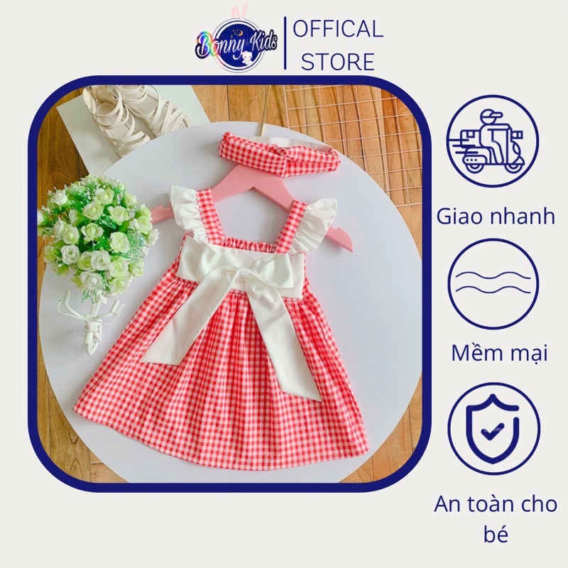 Váy bé gái caro đỏ nơ trắng, váy thôi nôi, đầm đầy tháng, váy công chúa, váy xoè cho bé