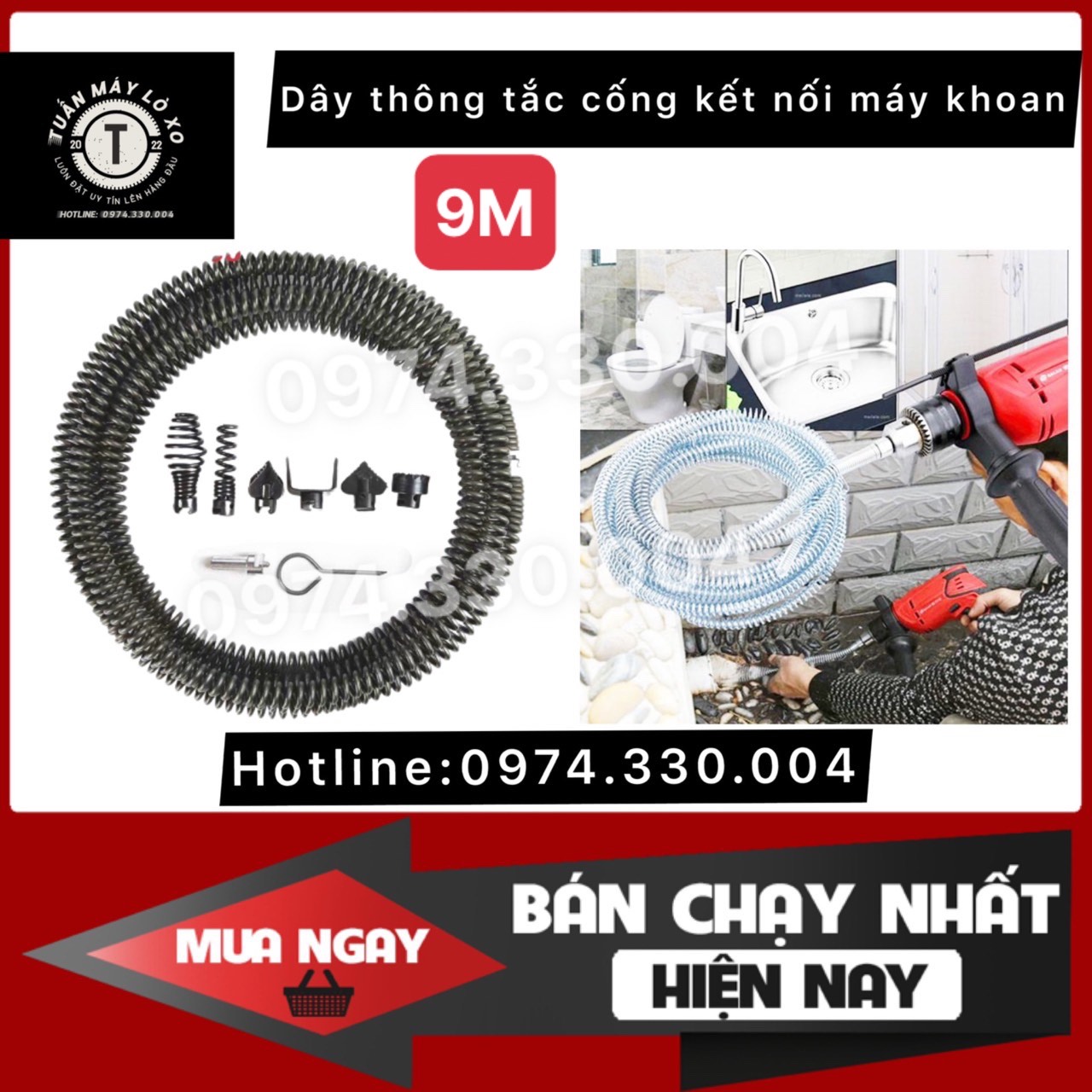 Dây thông tắc cống dùng máy khoan dài 9m + 6 đầu thông + kết nối máy khoan
