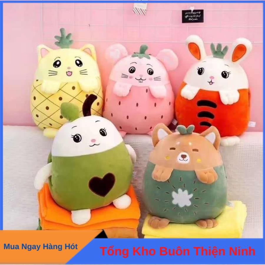 GỐI MỀN 3 trong 1 Trái Cây hình thú cute, thun 4 chiều siêu mịn, bộ chăn gối văn phòng, gấu bông kèm mền GM74